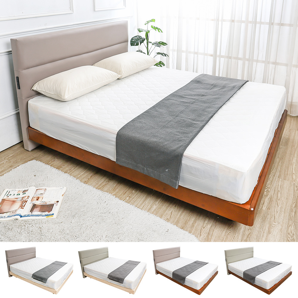 哈波5尺雙人單邊附插座耐磨貓抓皮革床頭片+漂浮造型實木床架/懸浮式床底(四色可選)