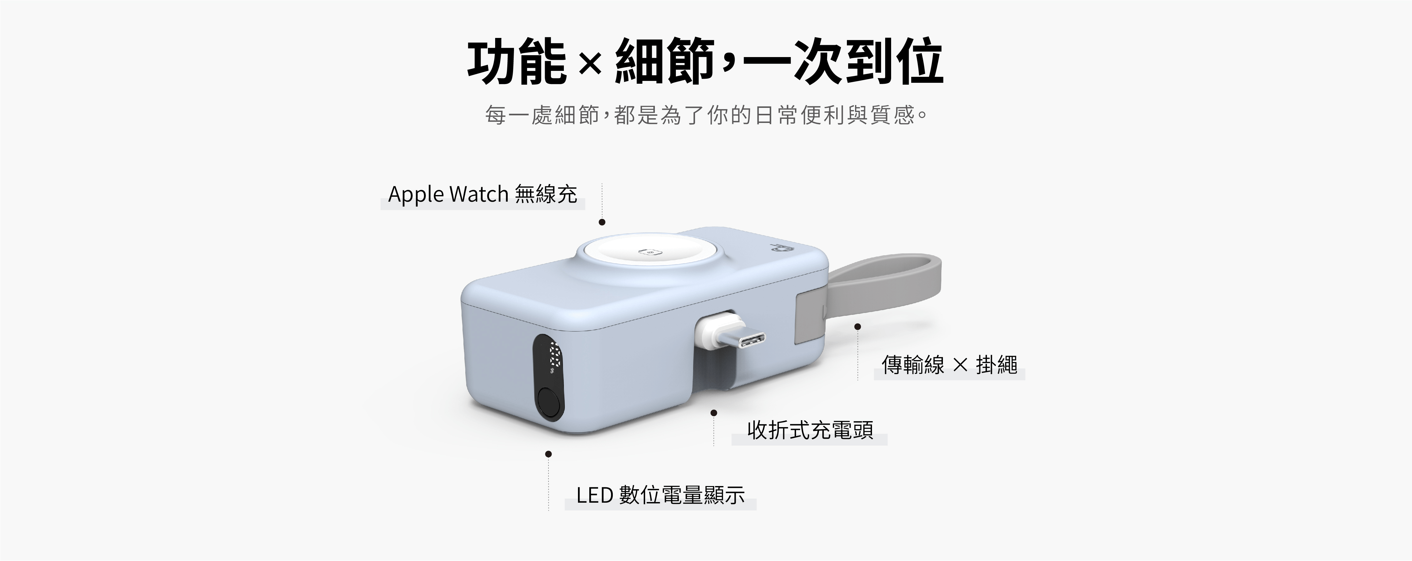 PUREPOWER 行動電源功能總覽：LED 數位電量顯示、摺疊插頭、掛繩線材、錶充模組