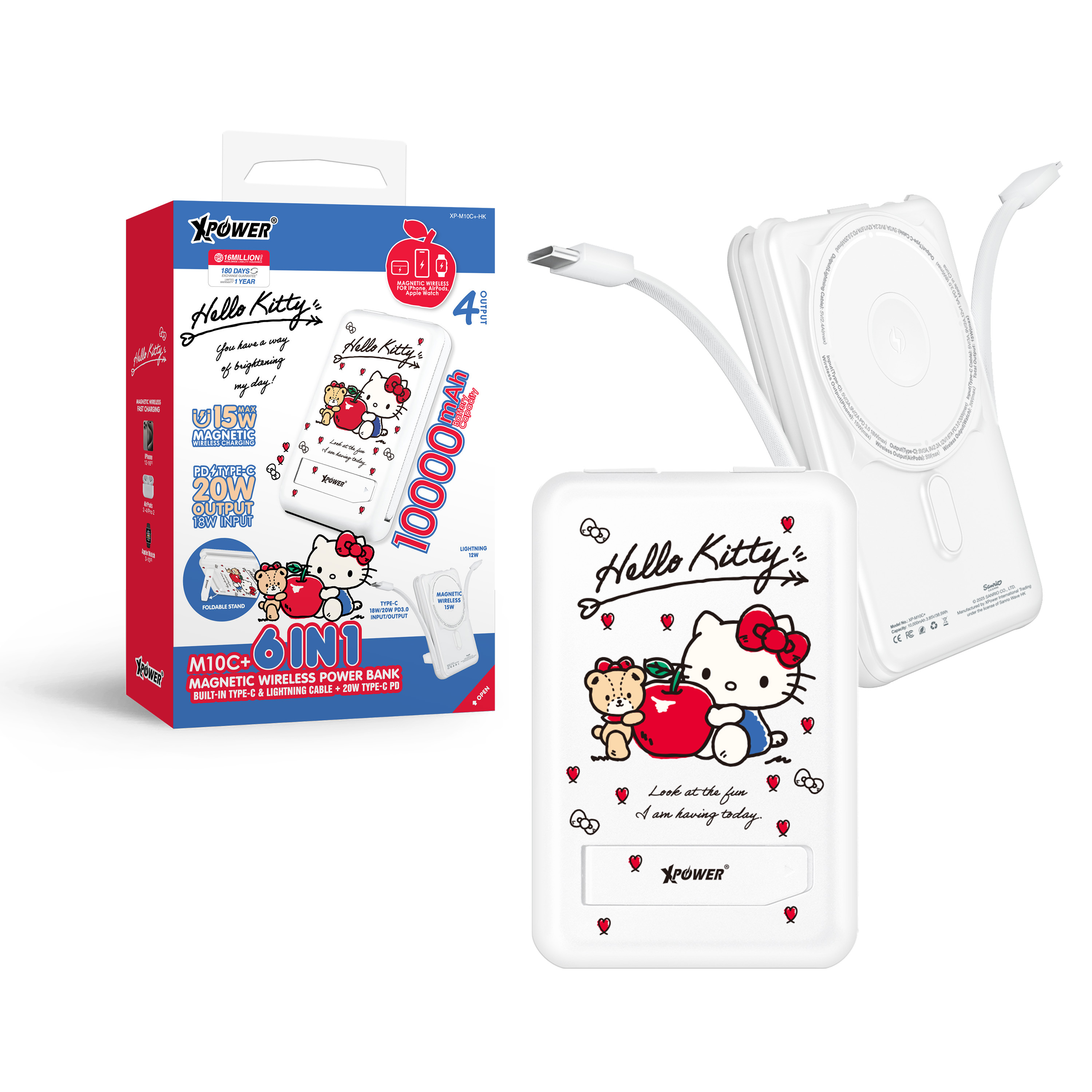 XPower x Sanrio Hello Kitty M10C+ 6合1 10000mAh多功能迷你20W PD3.0+ 磁吸無線快充移動電源