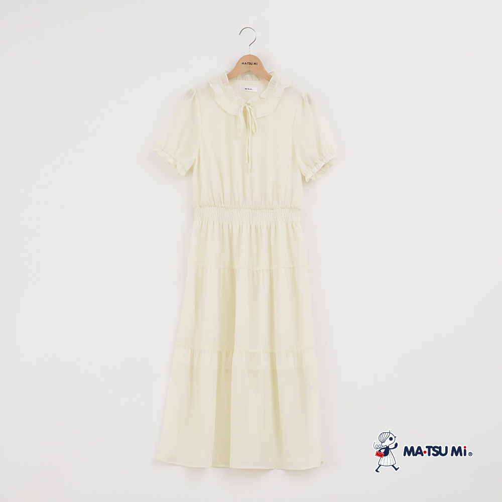 MA‧TSU Mi 氣質優雅雪紡荷葉層次感長洋裝(黃.深藍)