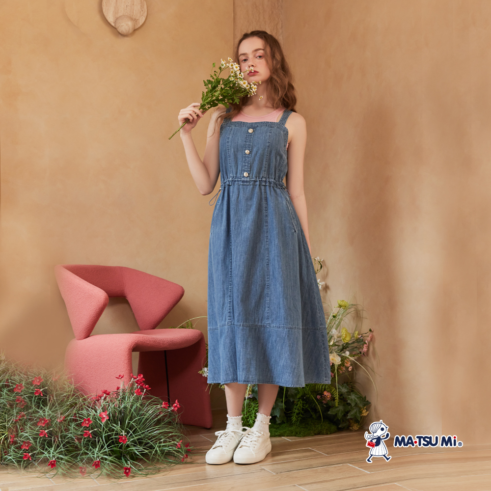 MA‧TSU Mi 棉製抽繩設計吊帶長洋裝(水藍)