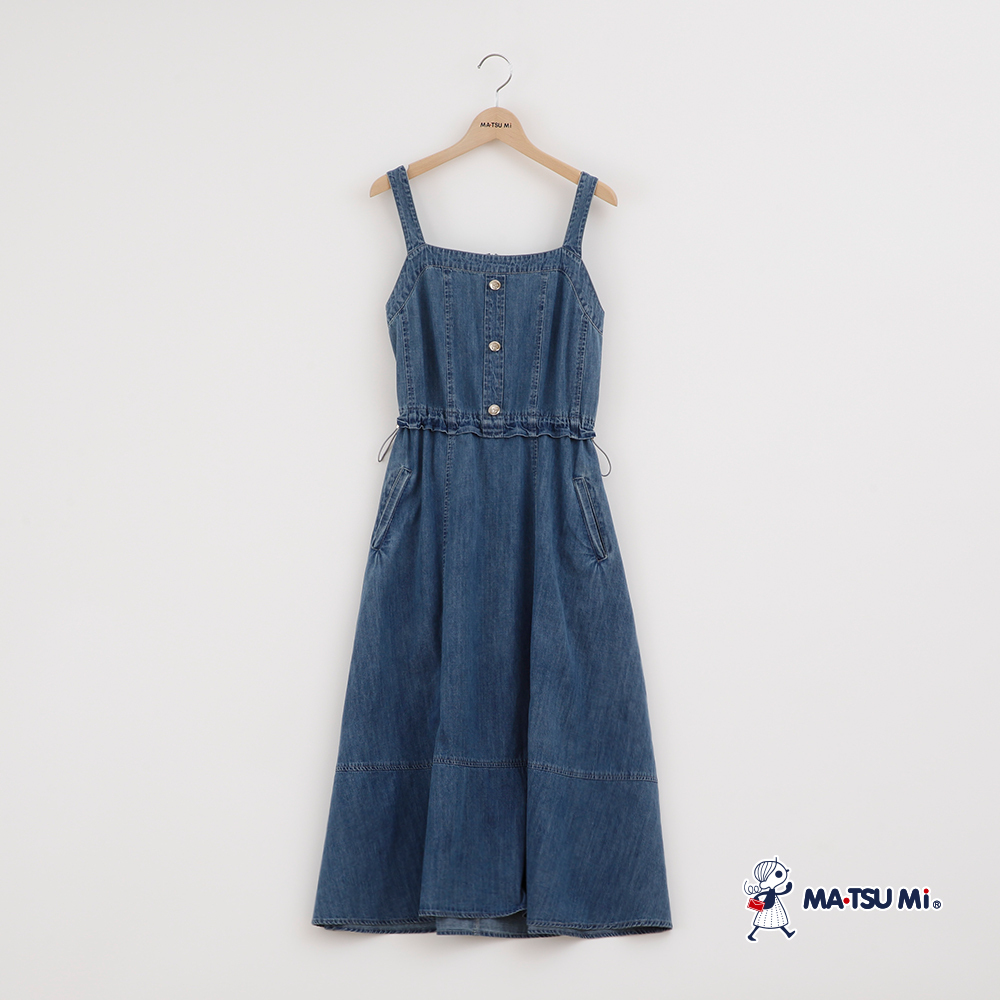 MA‧TSU Mi 棉製抽繩設計吊帶長洋裝(水藍)