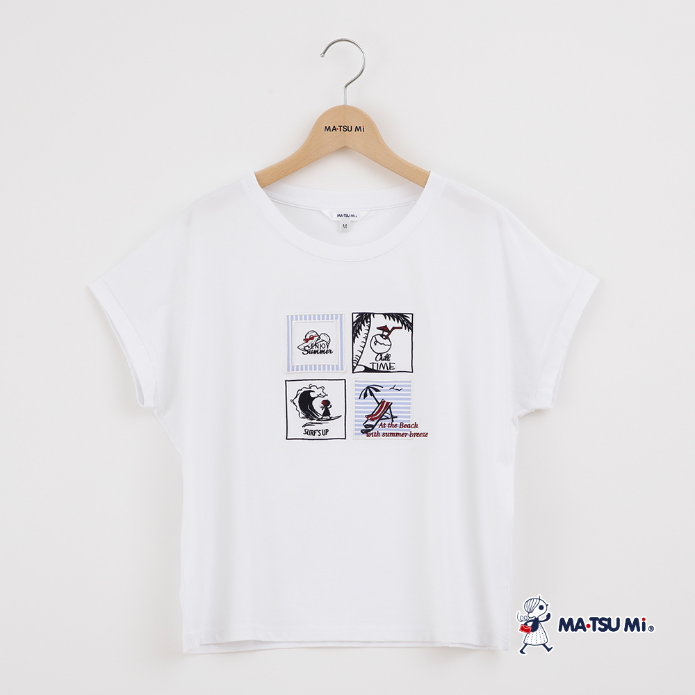 MA‧TSU Mi 寬鬆感夏日風情繡花圖案彈性上衣(白.水藍)