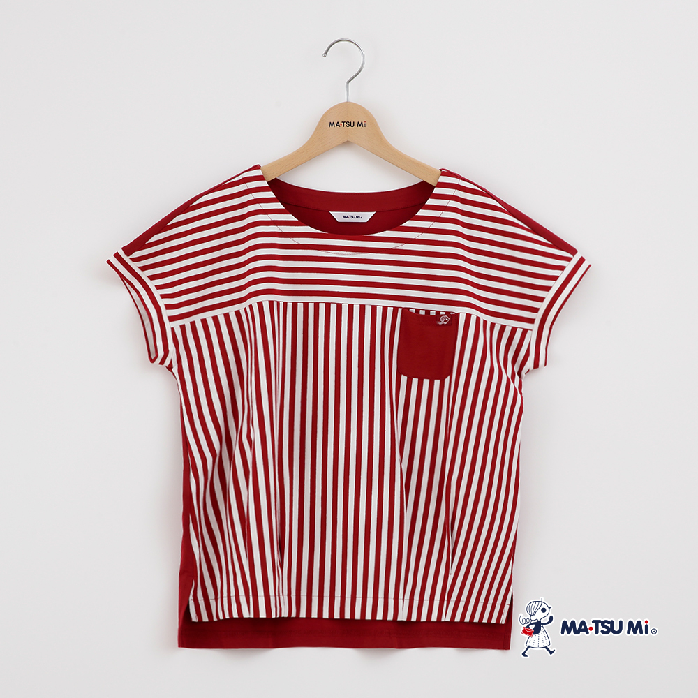 MA‧TSU Mi 寬鬆海洋風條紋交織口袋彈性上衣(紅.深藍)