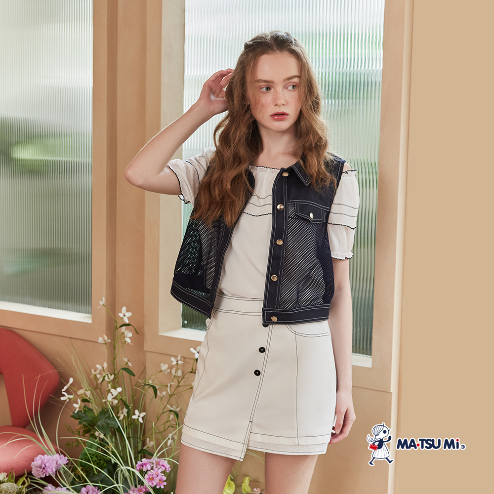 MA‧TSU Mi 優雅大領片荷葉邊壓裝飾線雪紡上衣(白.深藍)