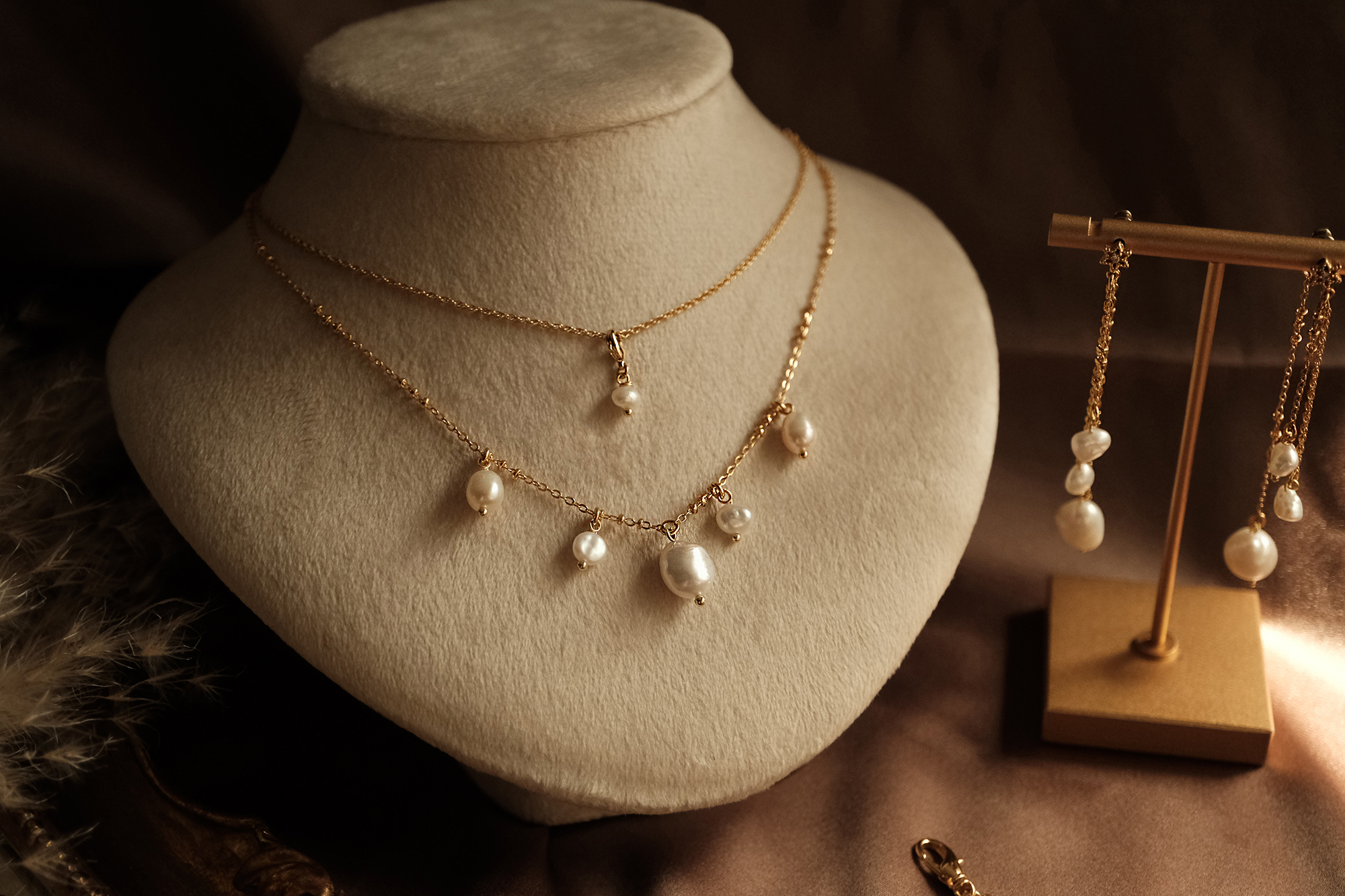 黃銅飾品, 項鍊, 飾品, 黃銅, 鋯石,天然珍珠,氣質,女神,鍍18K金,18KGP,雙層項鍊