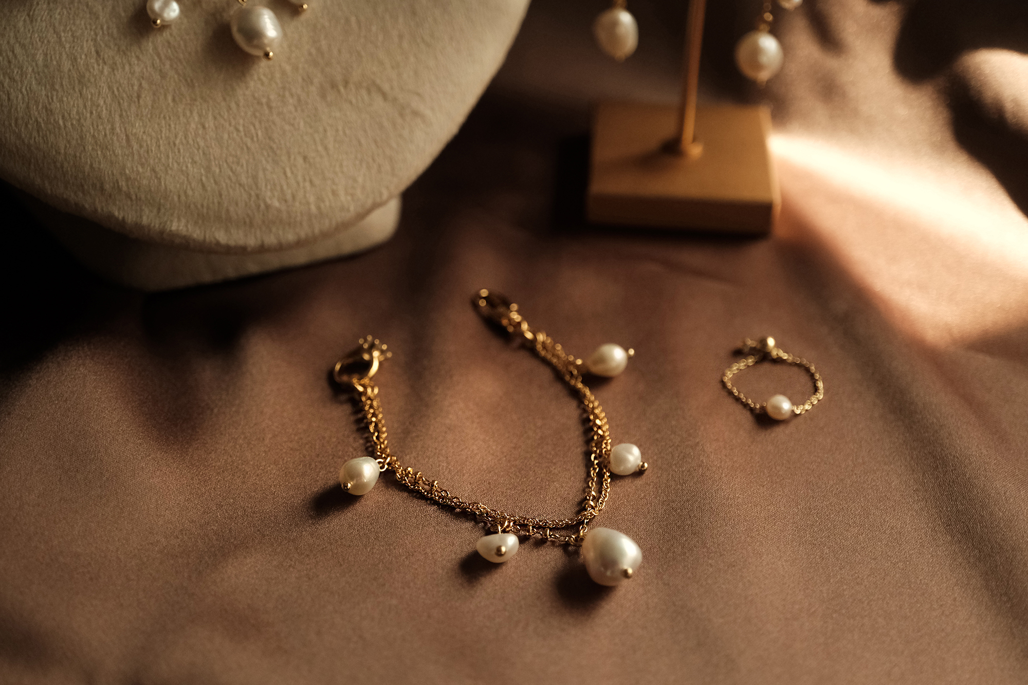 黃銅飾品, 手鍊, 飾品, 黃銅, 鋯石,天然珍珠,氣質,女神,鍍18K金,18KGP,雙層手鍊