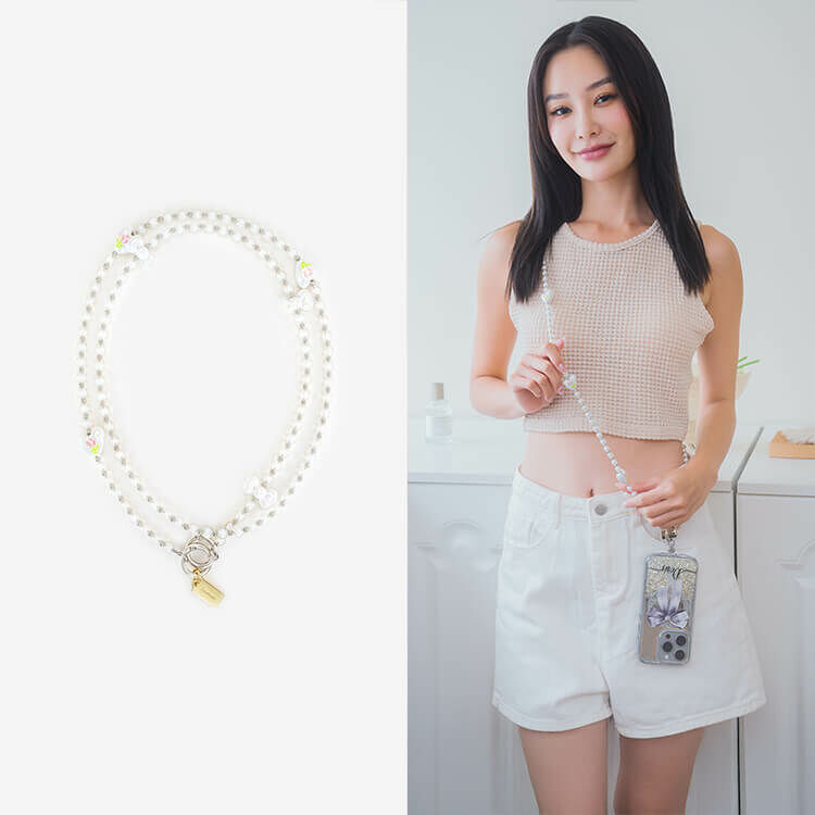 清新花朵蝴蝶結透白珠 手機掛繩  串珠掛繩 長掛繩 背帶