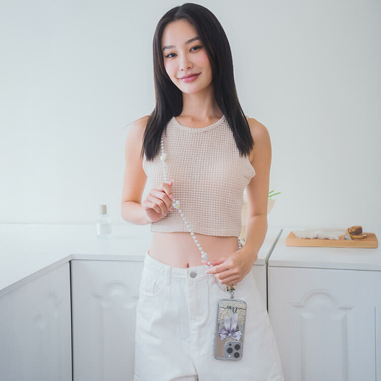 清新花朵蝴蝶結透白珠 手機掛繩  串珠掛繩 長掛繩 背帶