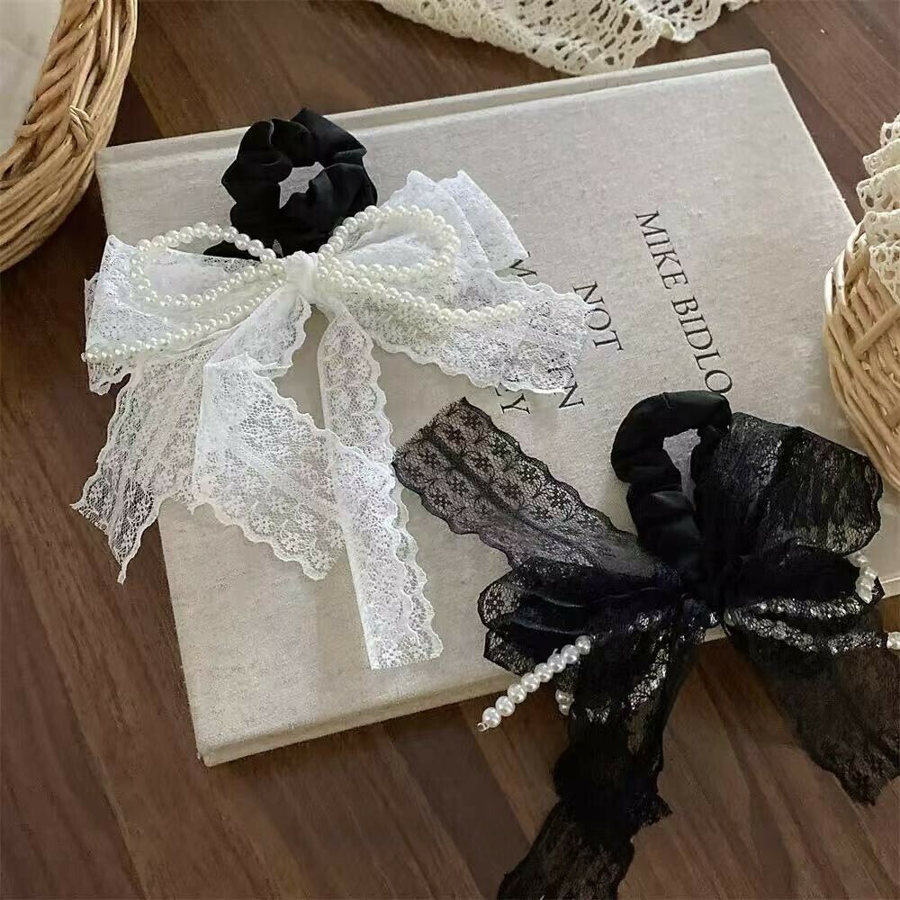 Q41蕾絲珍珠蝴蝶結髮圈