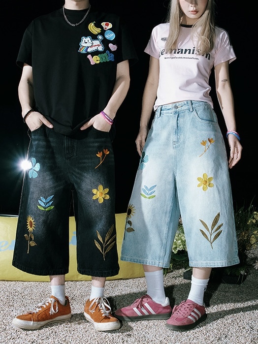 LEMANISM 花卉刺繡 牛仔 七分褲