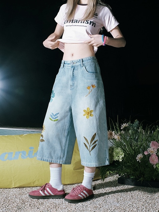 LEMANISM 花卉刺繡 牛仔 七分褲