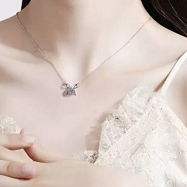 Q44排鑽鋯石蝴蝶結純銀鎖骨鏈