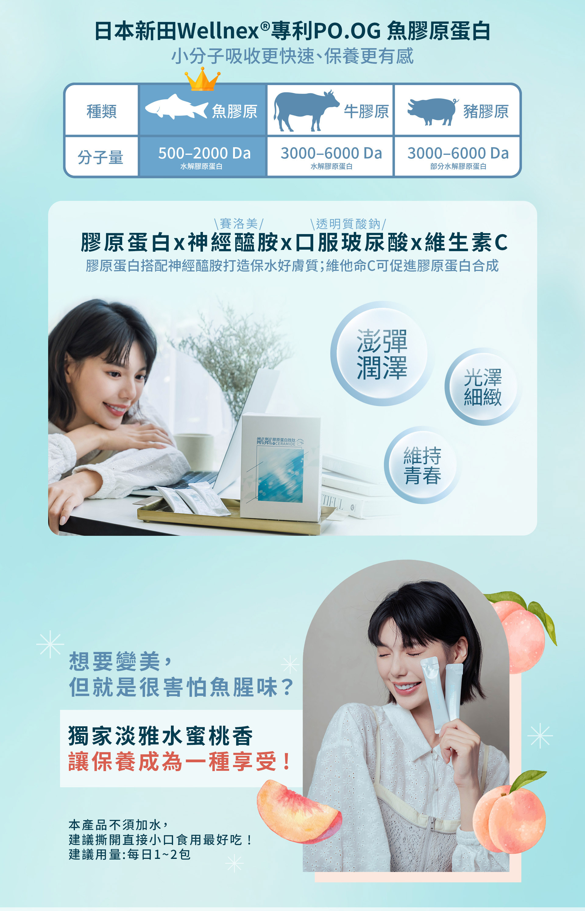 粼粼膠原蛋白胜肽，不含西藥成份、不含重金屬、不含塑化劑、不含雌激素、使用日本專利，新田日本膠原蛋白