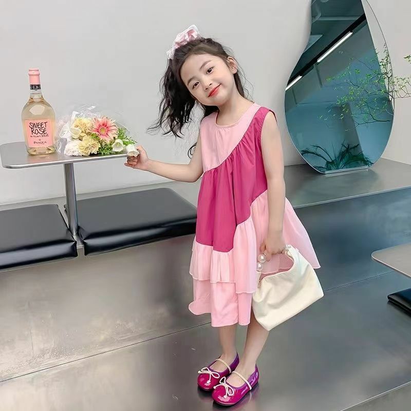 夏日玫瑰粉拼接無袖洋裝 110-170cm