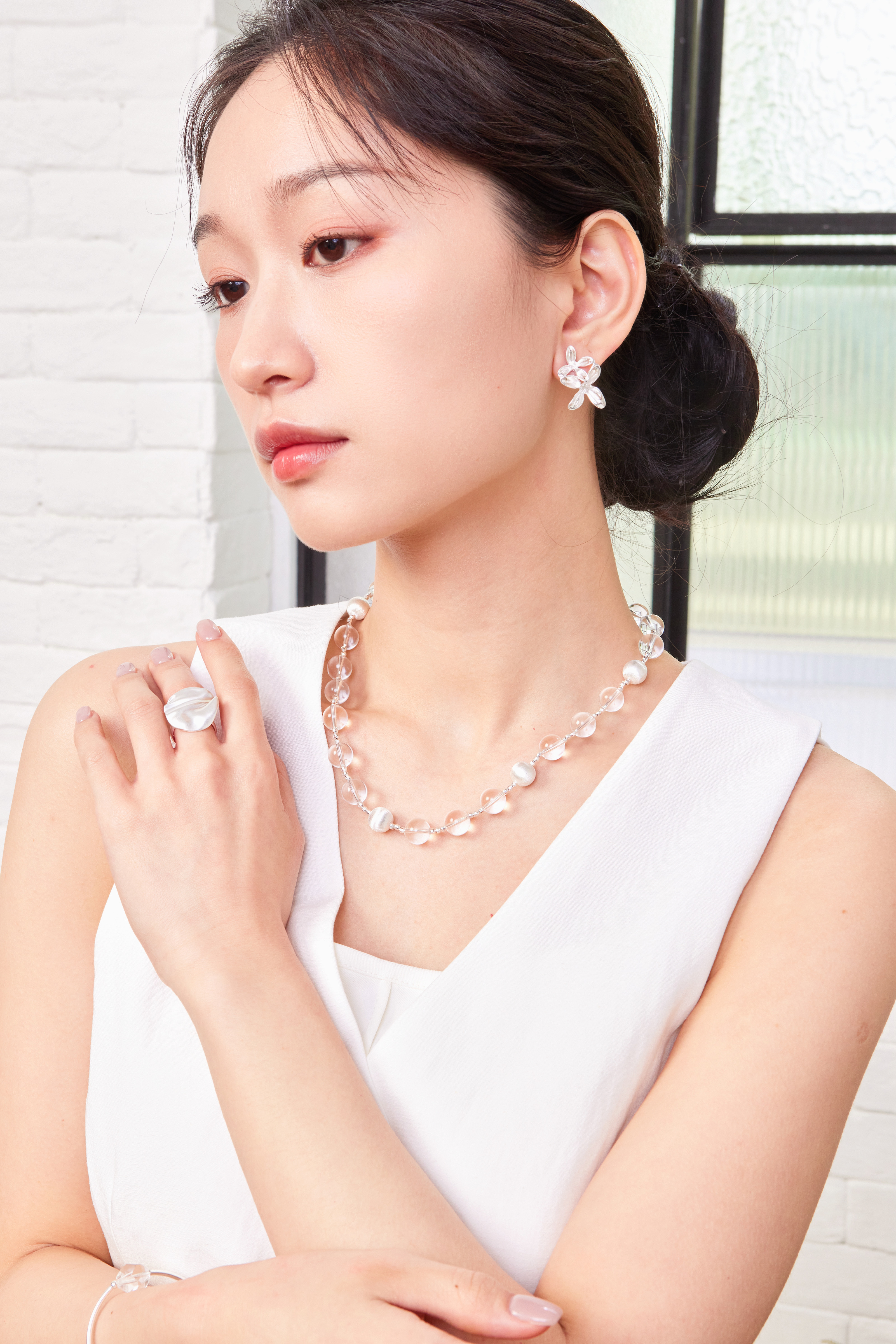 N1049 | 純銀霧面銀球水晶項鍊