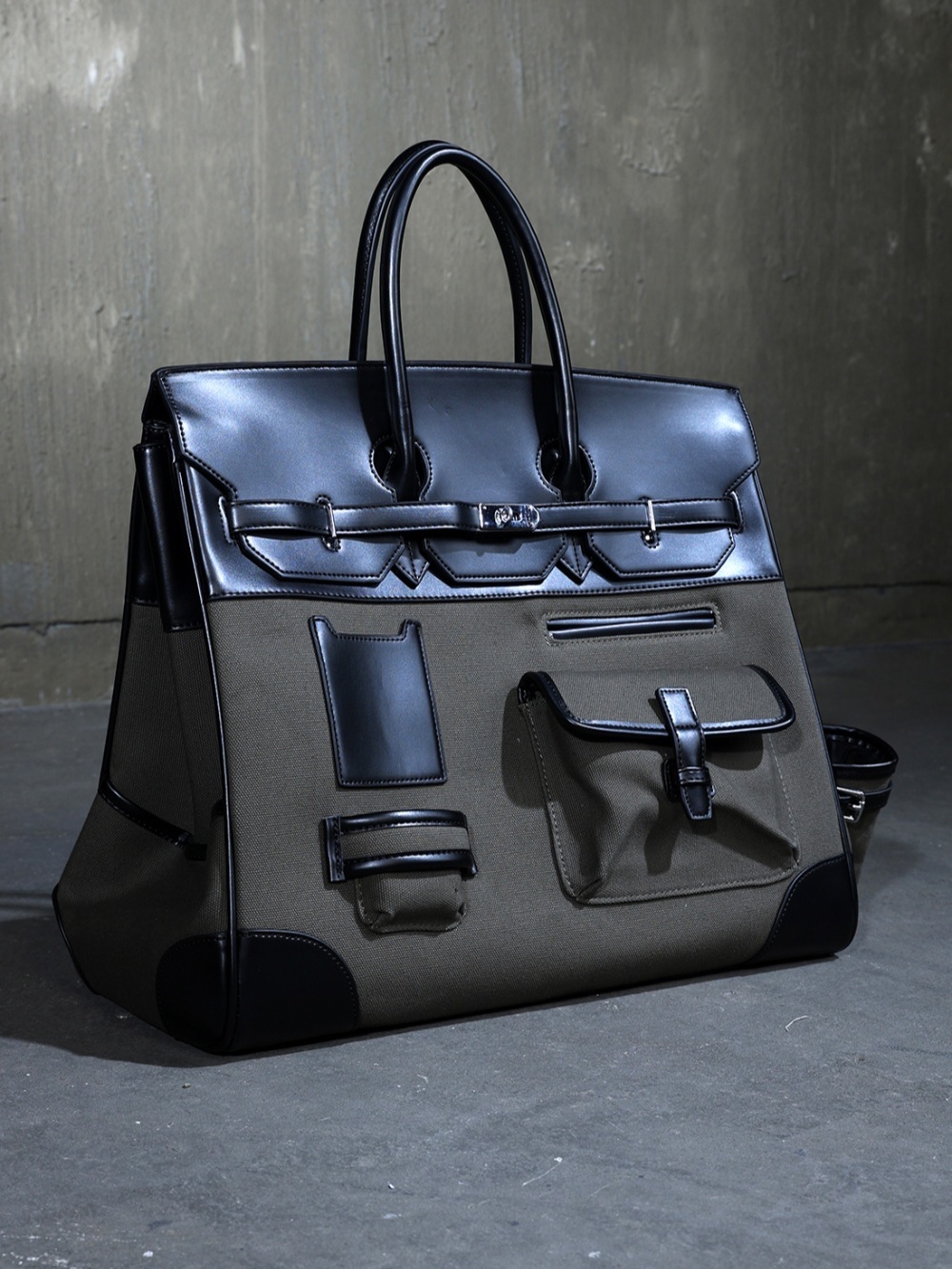 皮革雙色帆布口袋柏金包