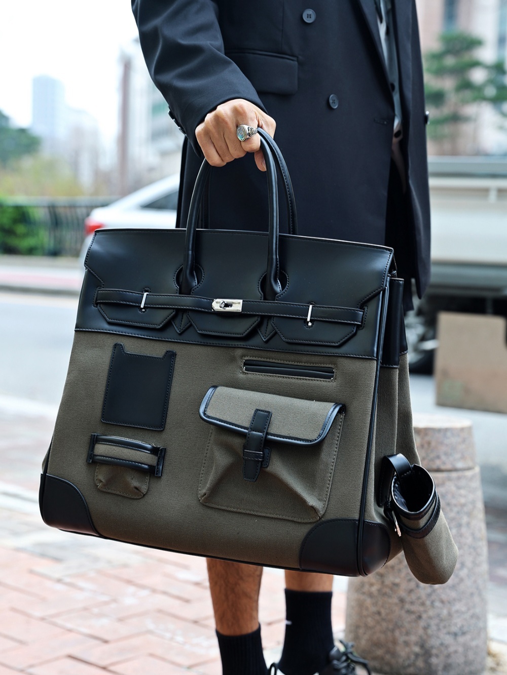 皮革雙色帆布口袋柏金包