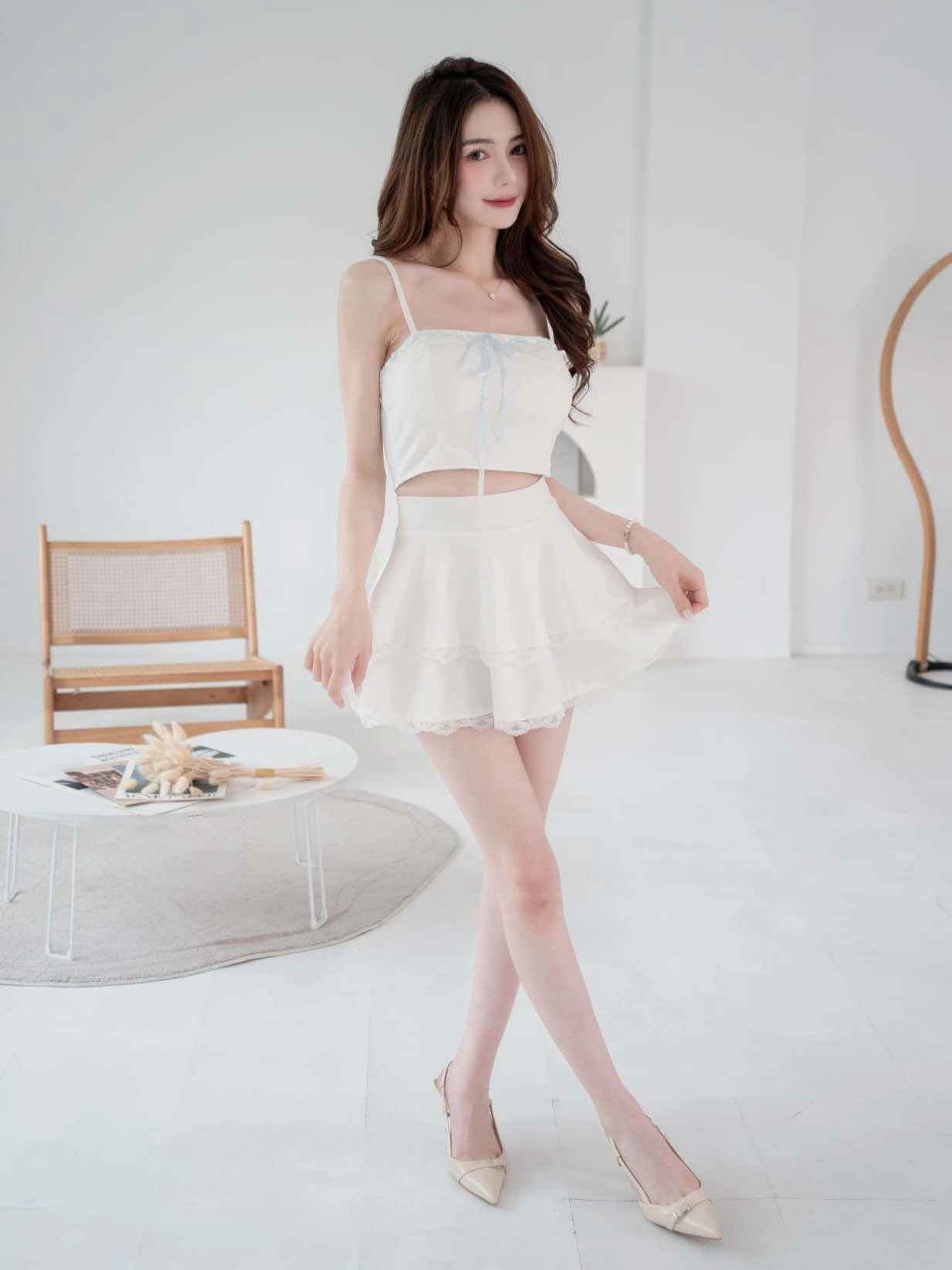 🤍緞帶蕾絲小可愛+蛋糕褲裙兩件式（白色均碼）