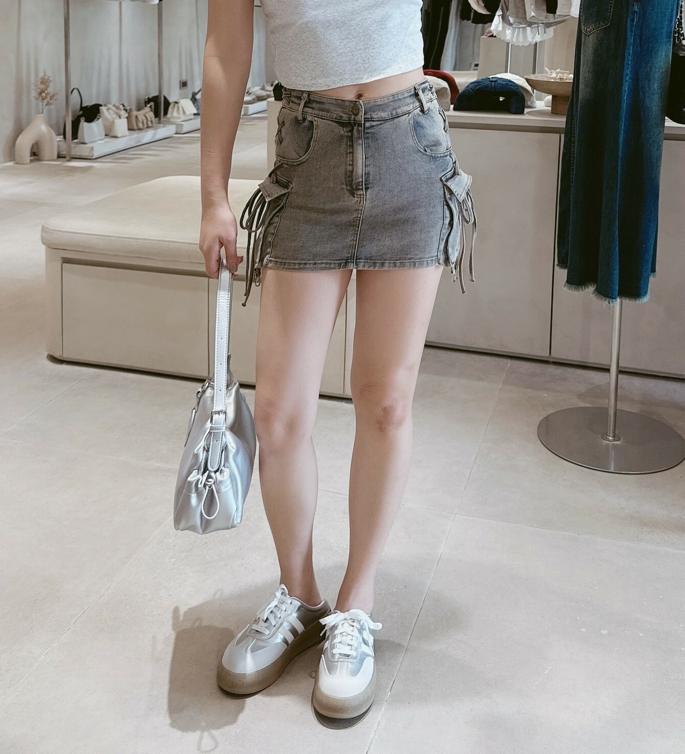 復古側綁繩後鬆緊工裝褲裙 25200