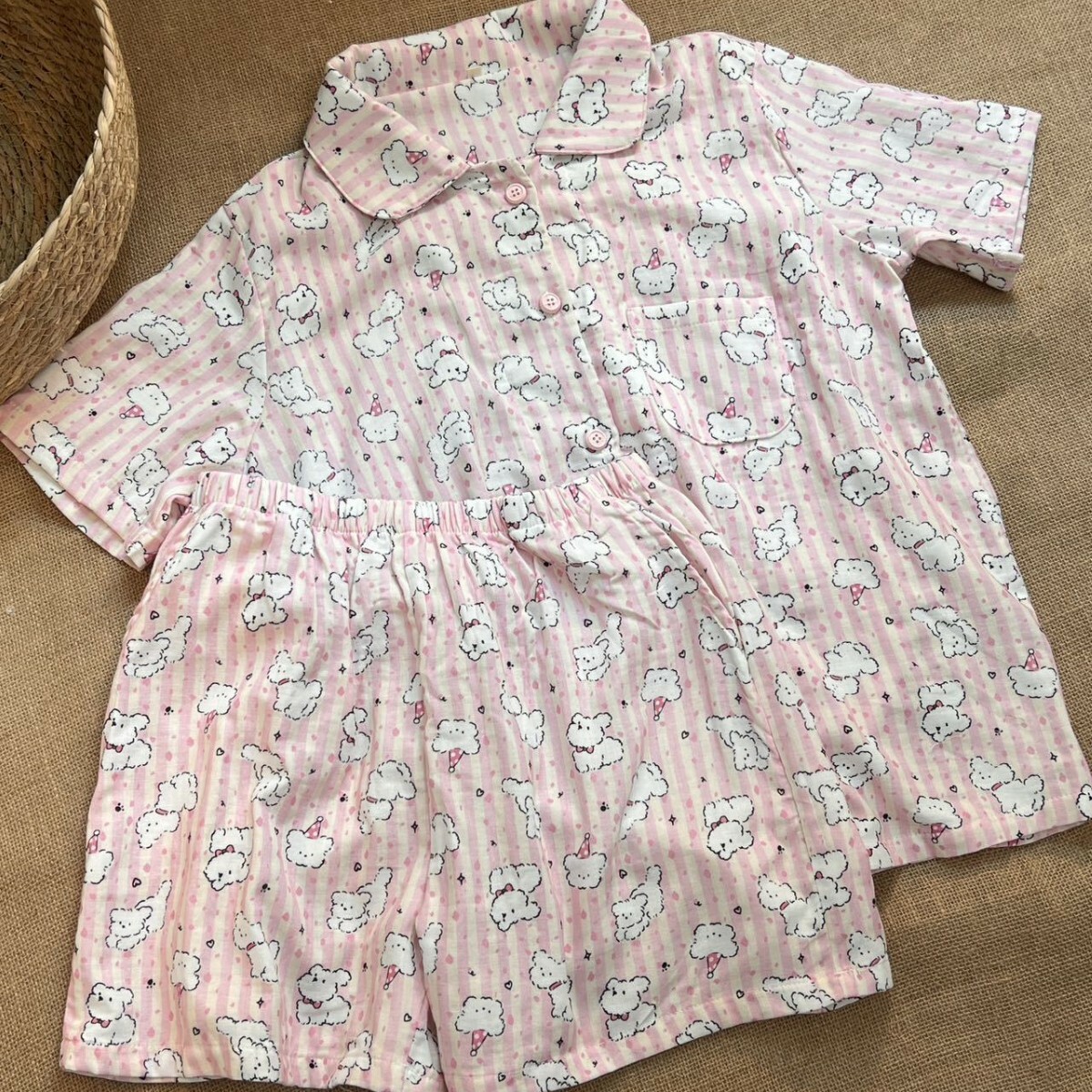 《5862》粉色條紋狗狗睡褲