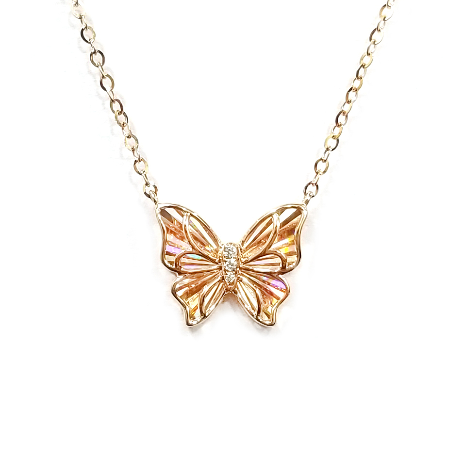 18K玫瑰金天然鑽石蝴蝶幻彩頸鏈