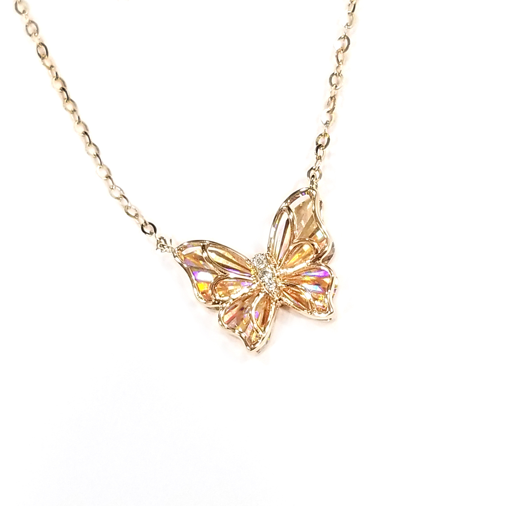 18K玫瑰金天然鑽石蝴蝶幻彩頸鏈