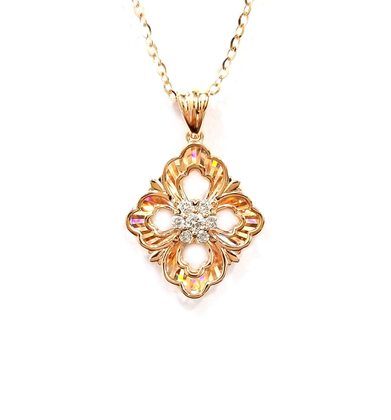 18K玫瑰金天然鑽石花形幻彩頸鏈