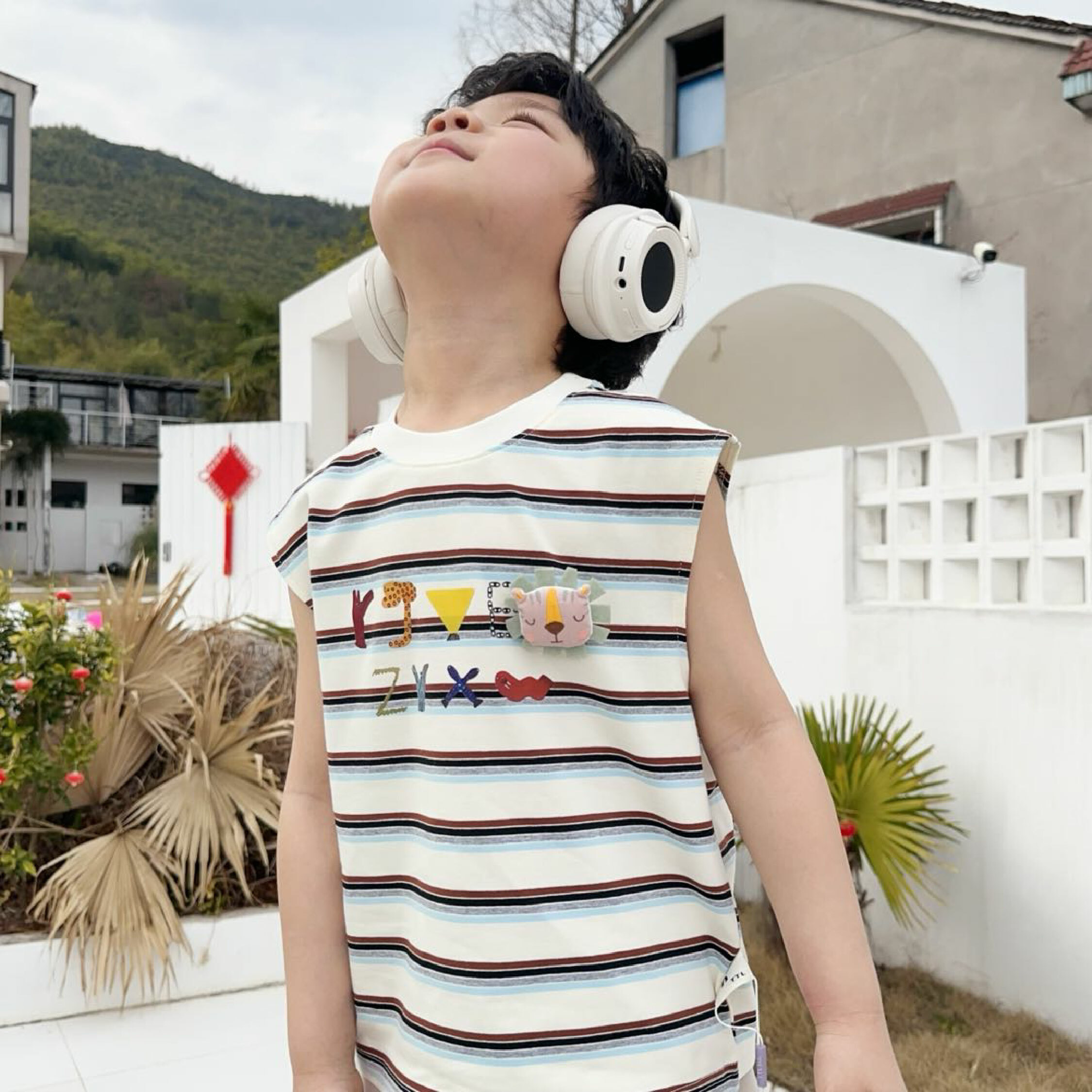 立體獅子動物字母條紋背心/上衣 (H50087)