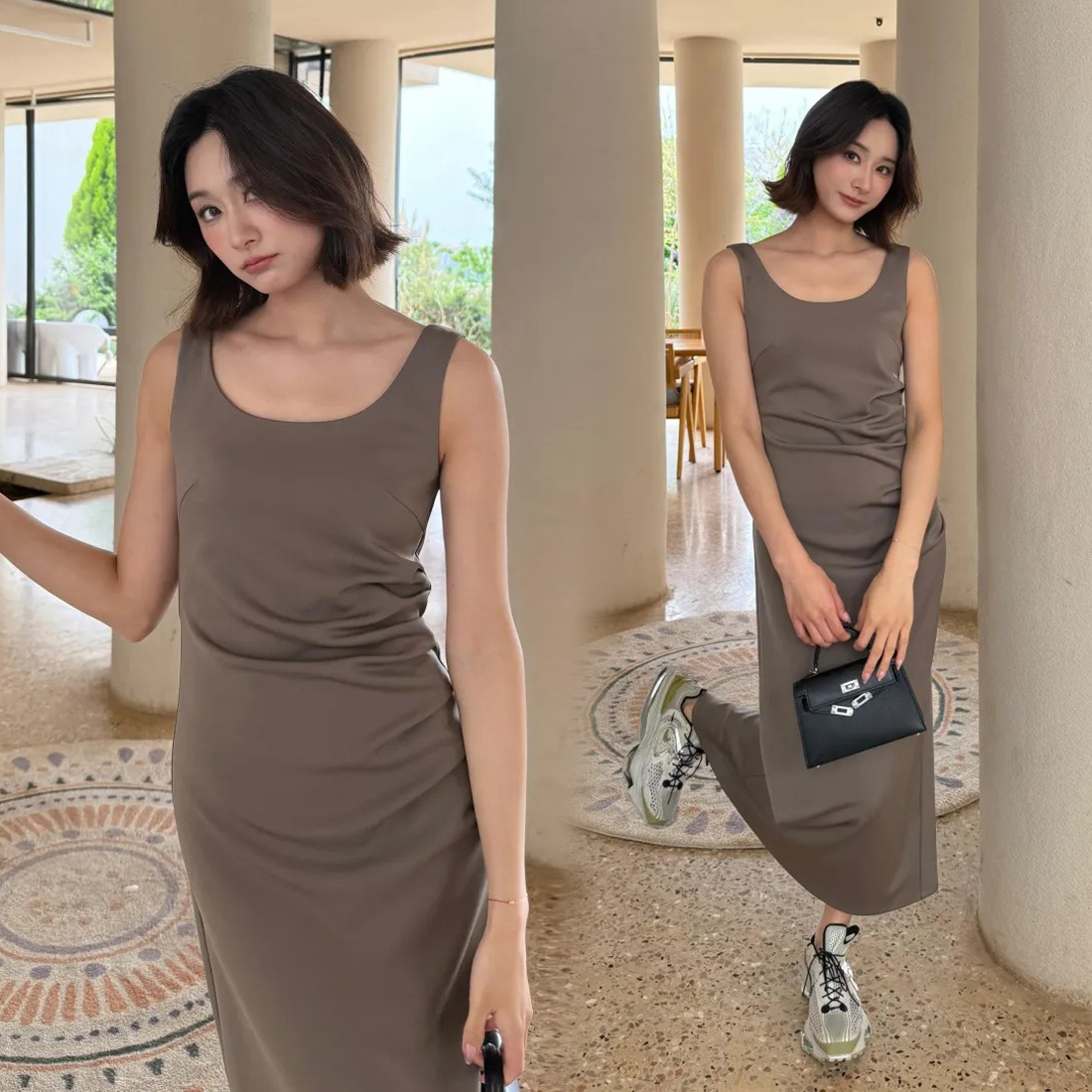 女人味腰抓摺後開衩造型背心長洋裝S-M / 2色 (Elegant & Love)