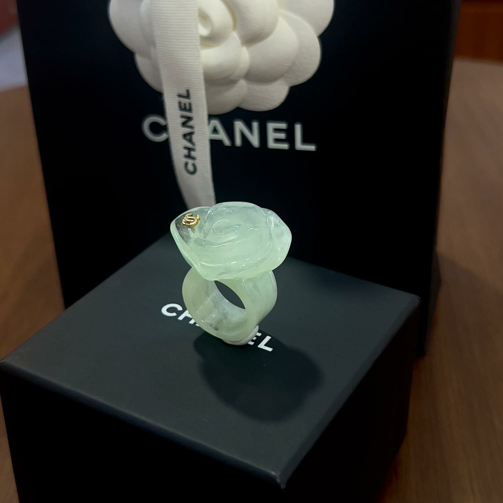 98%NEW二手CHANEL戒指 翡翠綠 樹脂 金色CC LOGO #香榭站正品