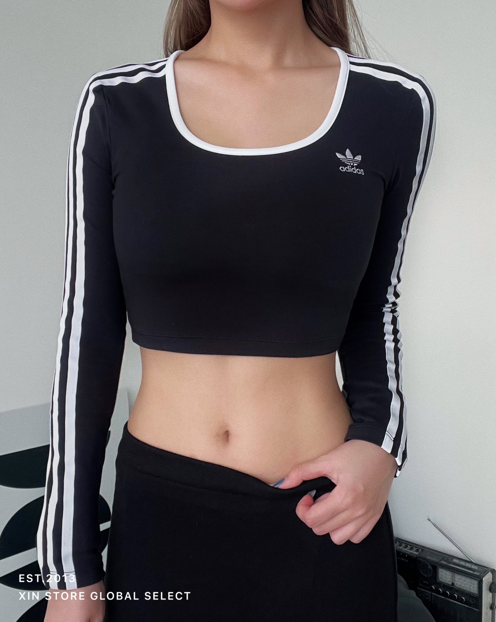 Adidas OG Adicolor 3-stripes  短版 長袖 合身 低圓領 白黑 黑白