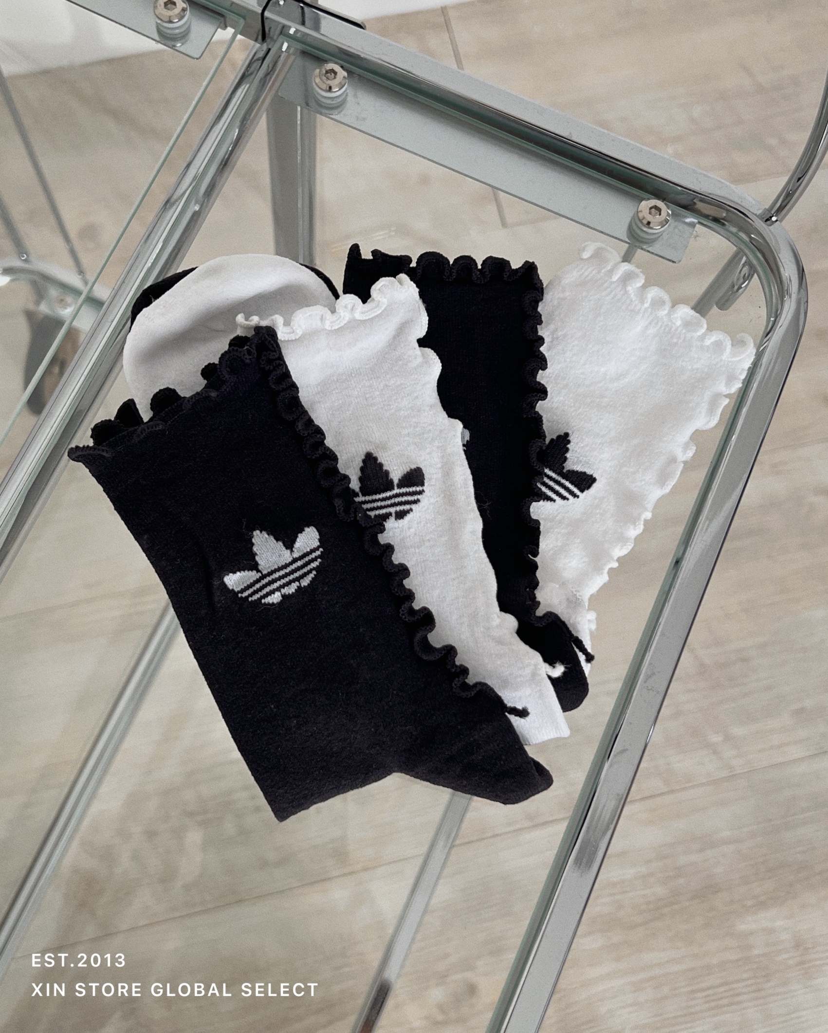Adidas Ruffle Sock 2P 三葉草 荷葉邊 中筒 長襪 黑白 兩雙一組
