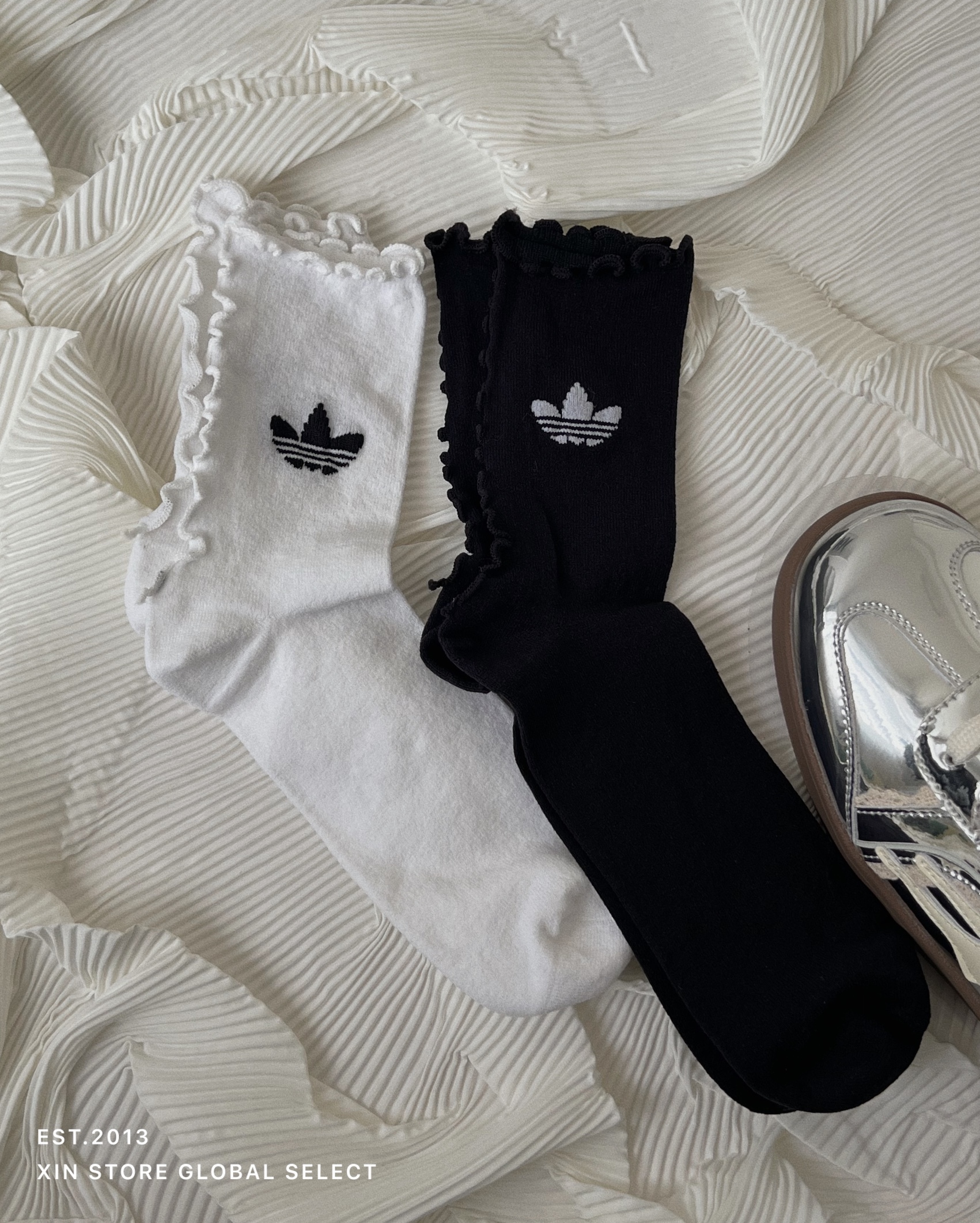 Adidas Ruffle Sock 2P 三葉草 荷葉邊 中筒 長襪 黑白 兩雙一組