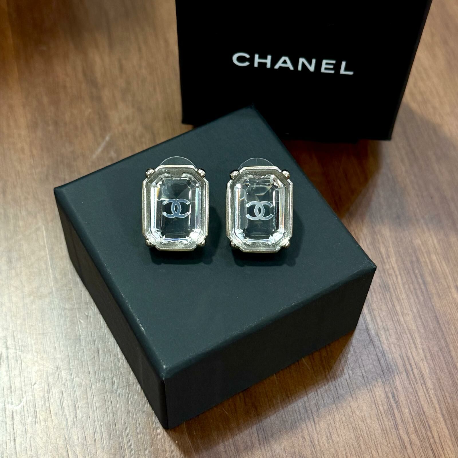 99%NEW二手CHANEL耳環 復古方形 水晶 CC LOGO 銀色邊 CHANEL Earrings #香榭站正品