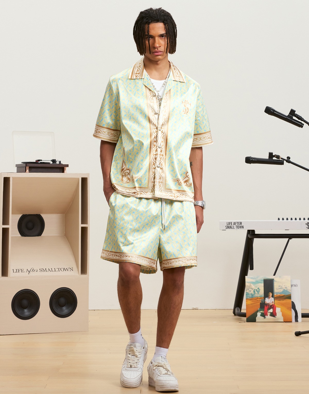 STK SmallTownKid 燙金老花 流光 短袖襯衫 短褲 套裝