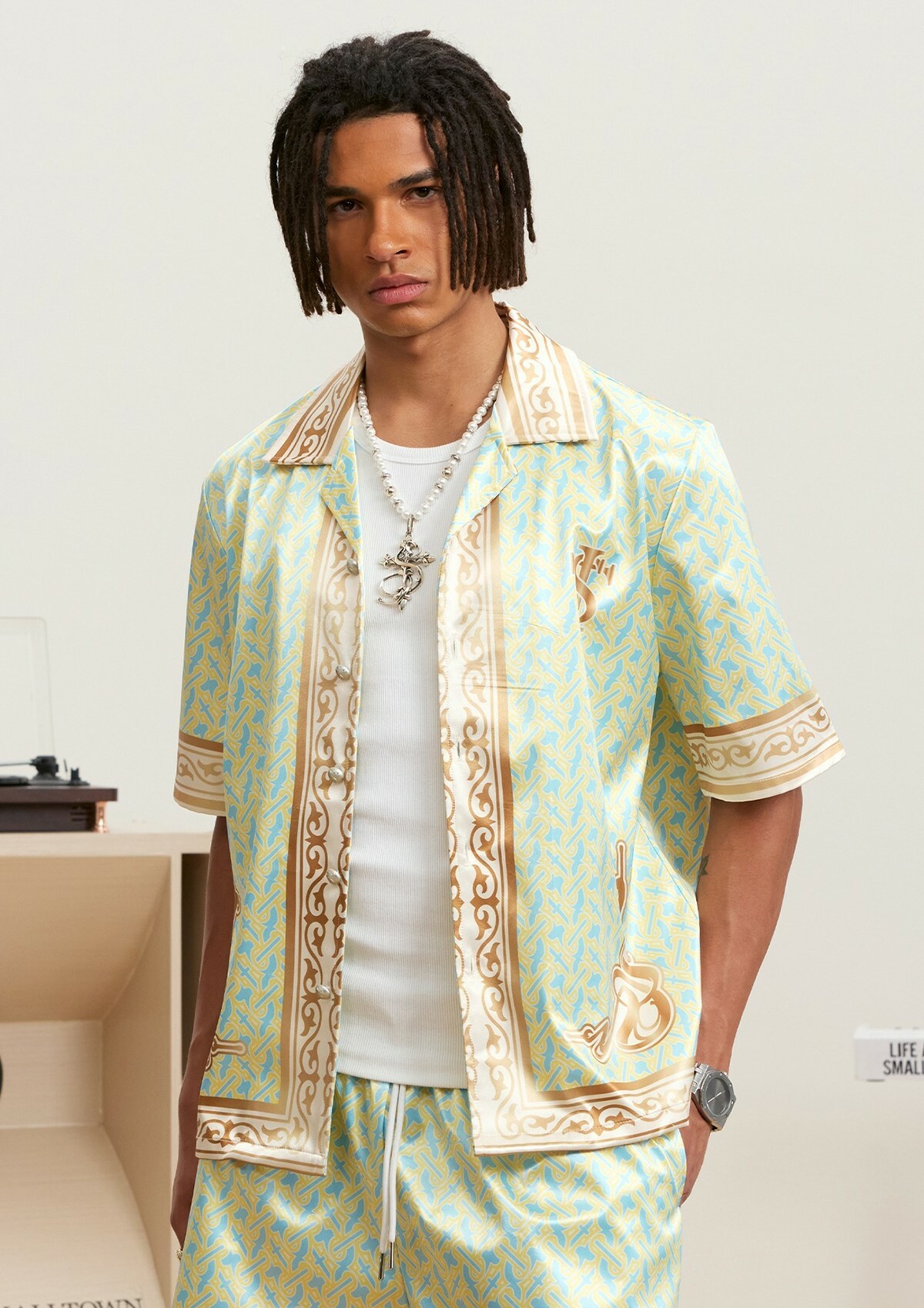 STK SmallTownKid 燙金老花 流光 短袖襯衫 短褲 套裝