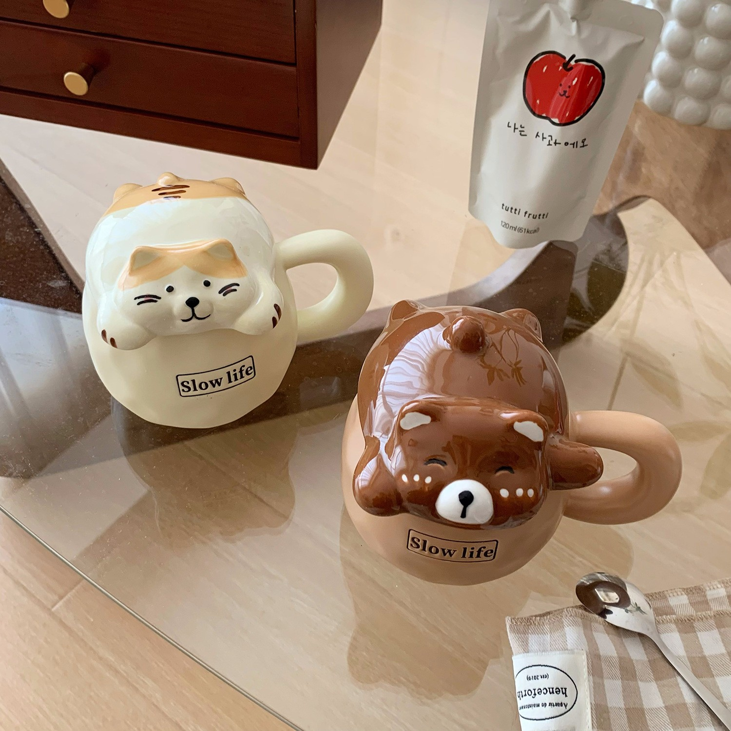 Puffy Face Cat & Teddy Bear Mug with Lid