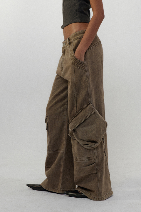 CONP 斜線分割工裝牛仔褲