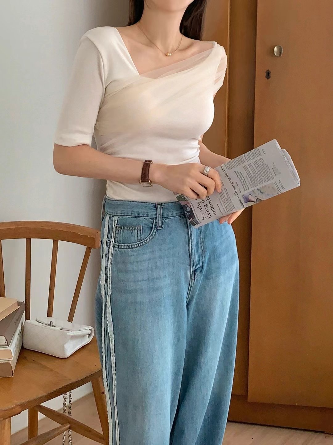 ✨單肩Sheering小露肩Top