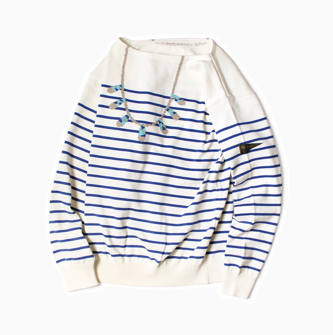 KAPITAL 2025 12G PANEL BORDER KNIT BOAT NECK SWEATER (SANTO DOMINGO NECKLACE) - PRE ORDER ITEM (預訂中)