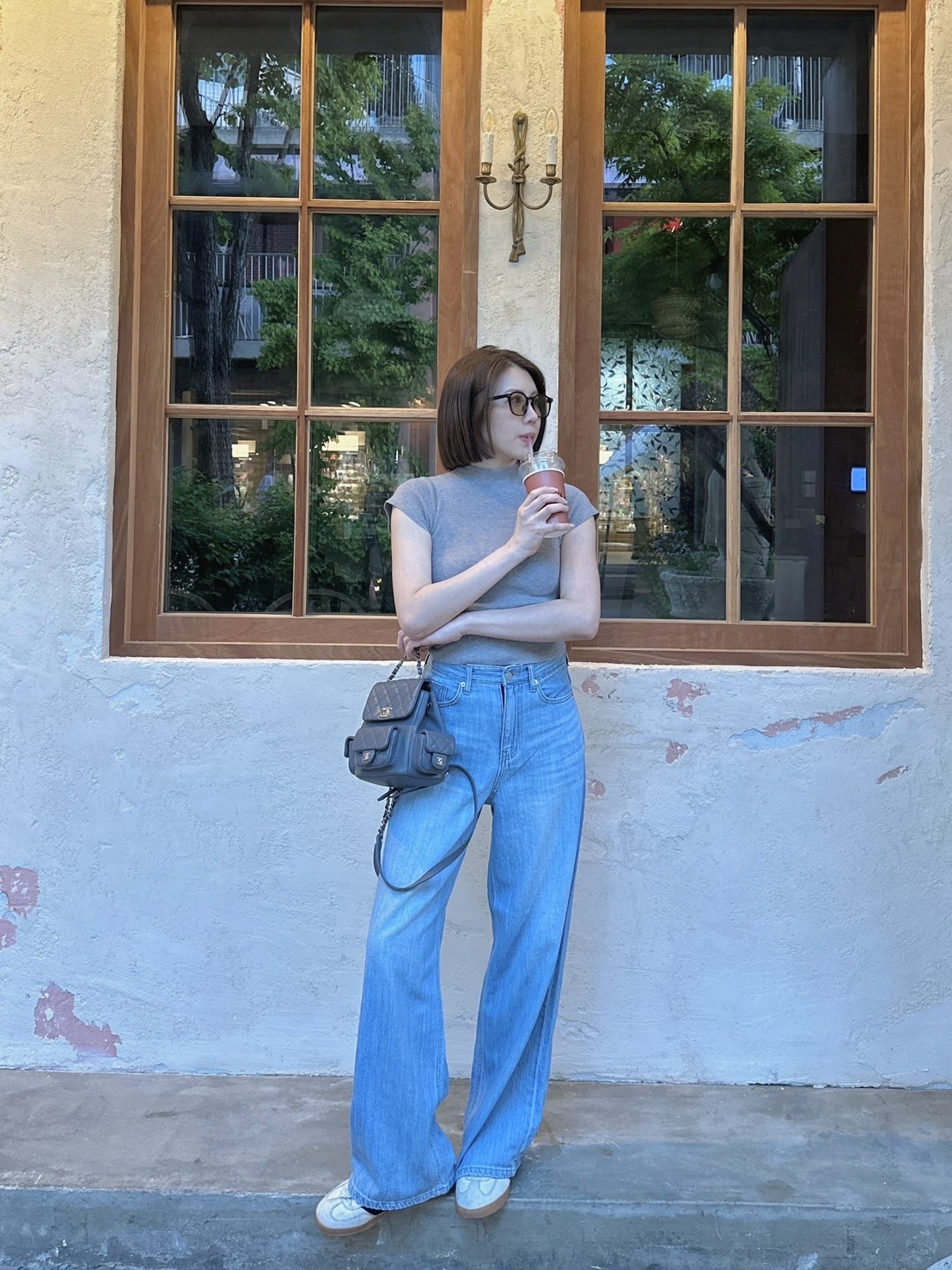 修身抓皺短袖上衣（灰）