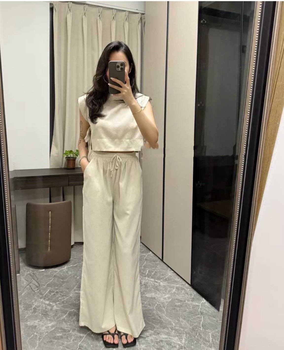 側綁帶棉麻套裝(杏)