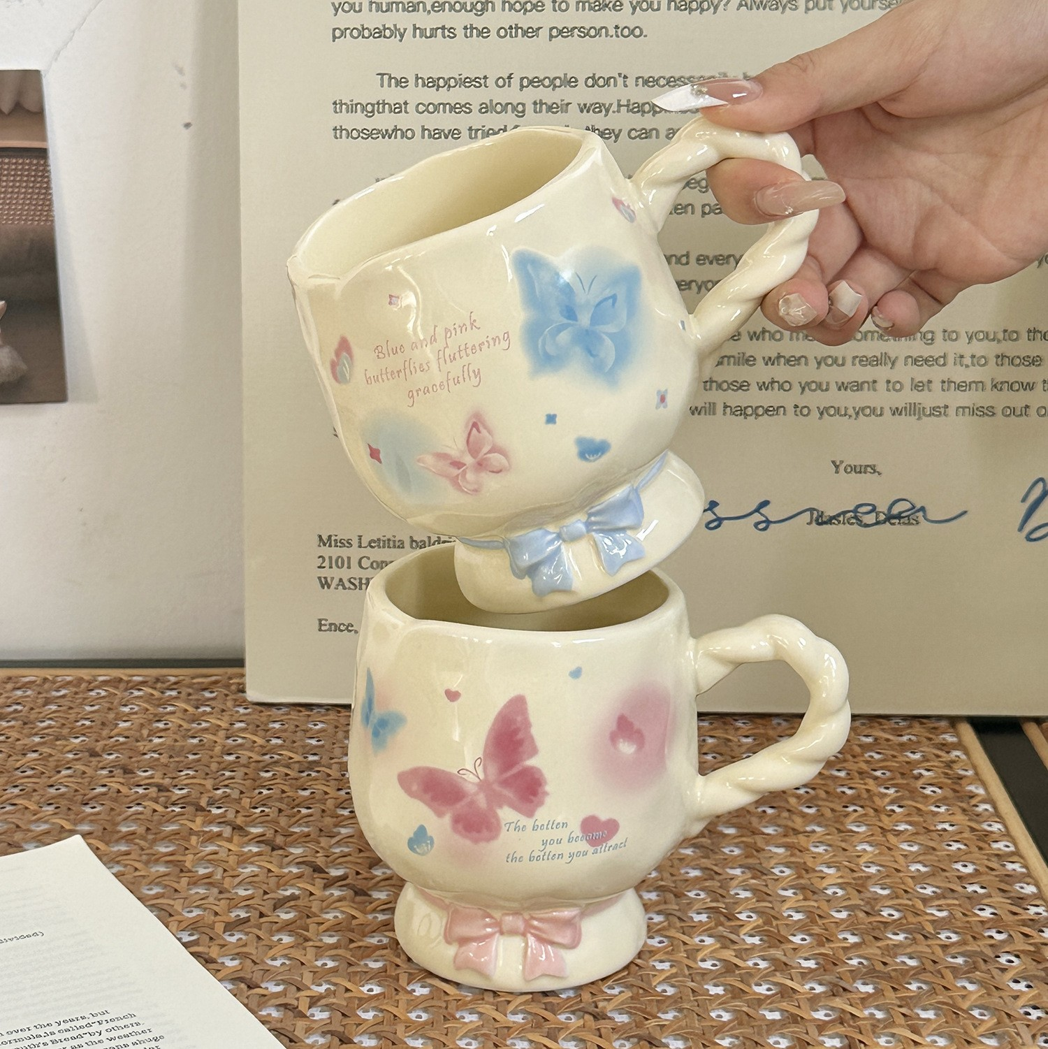 INS-style Creamy Butterfly Ceramic Mug