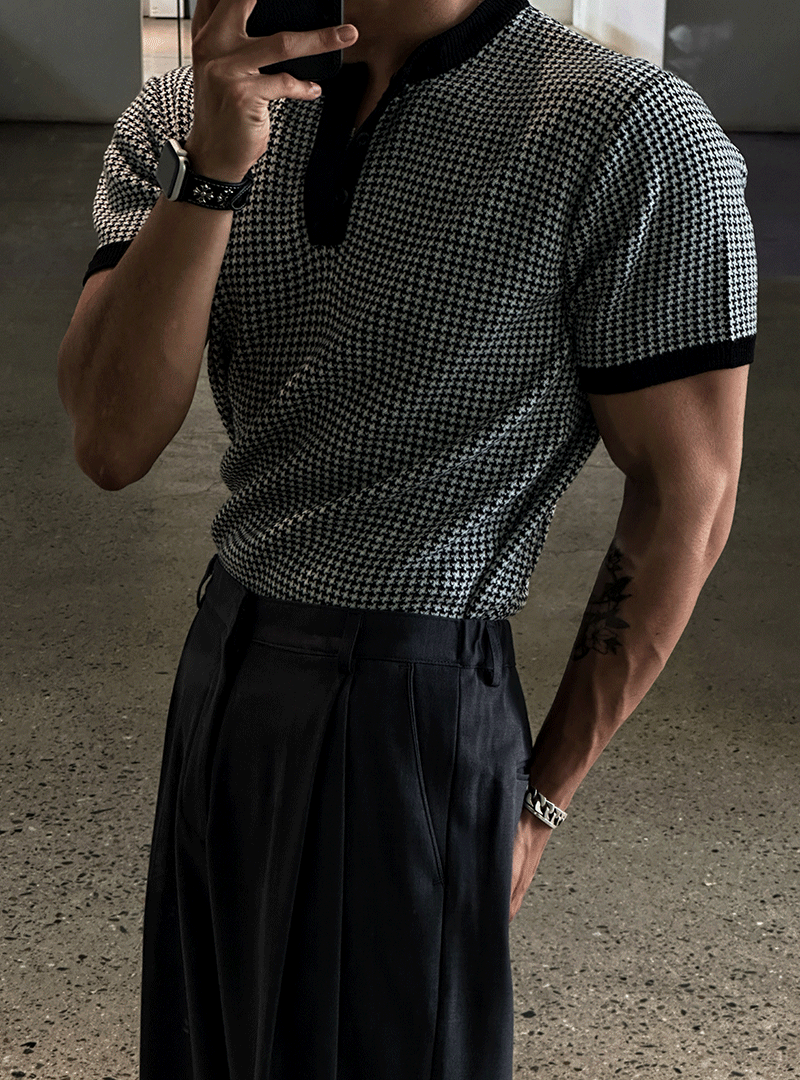 肌肉貼合亨利領短袖針織絲絨上衣