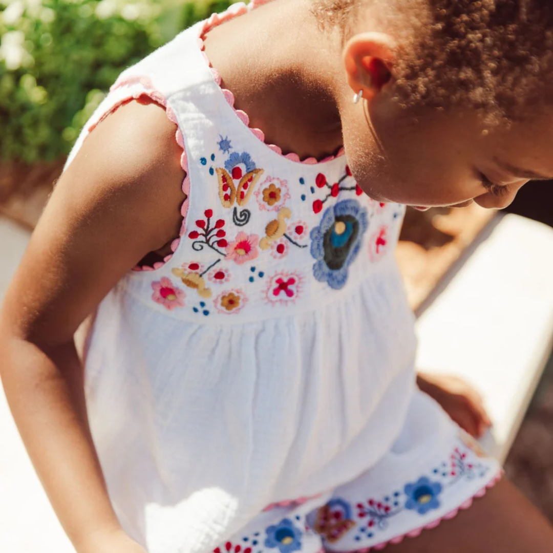 LOUISE MISHA│Vally Shorts復古花卉刺繡鬆緊短褲．White