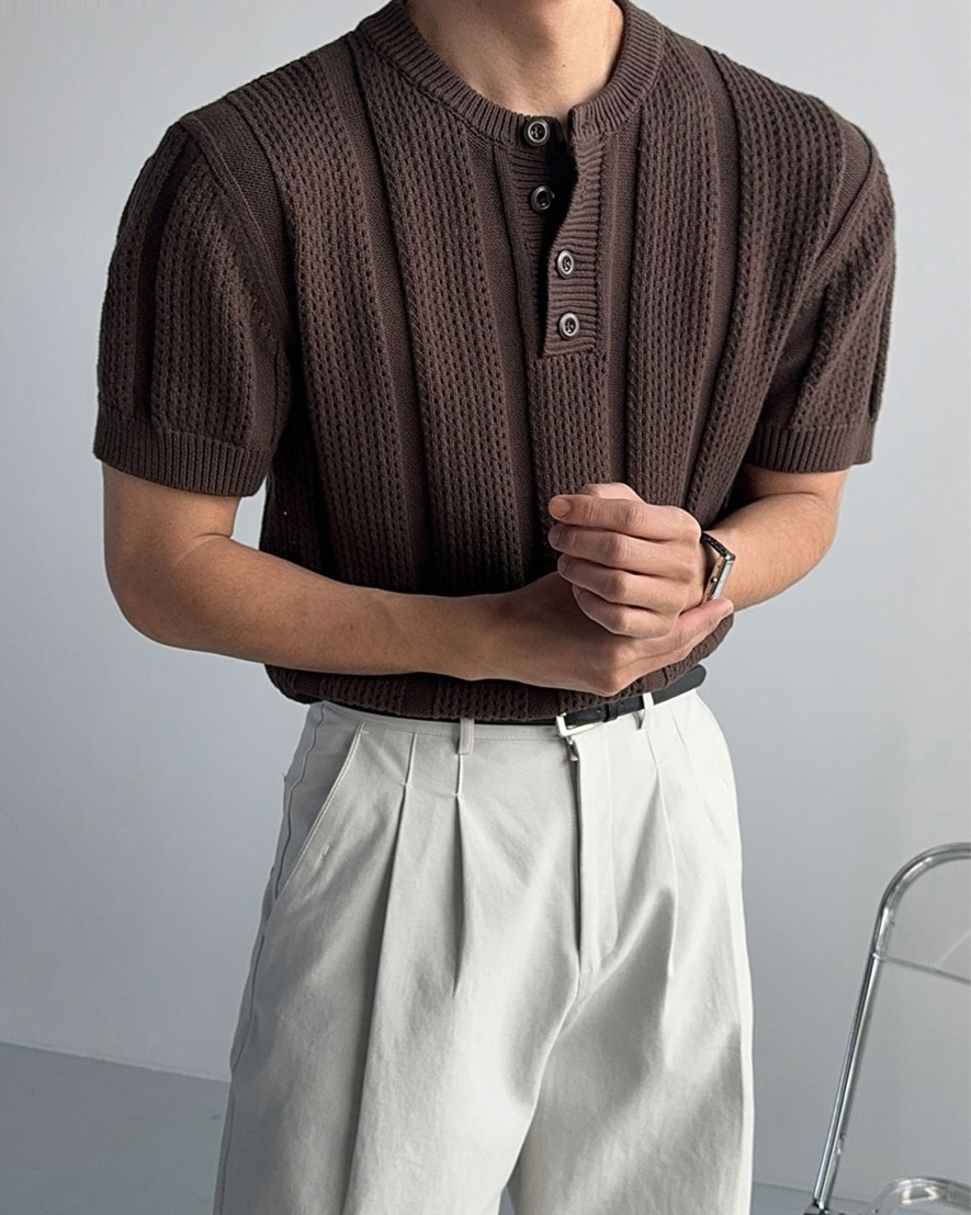 鉤針亨利領短袖針織衫