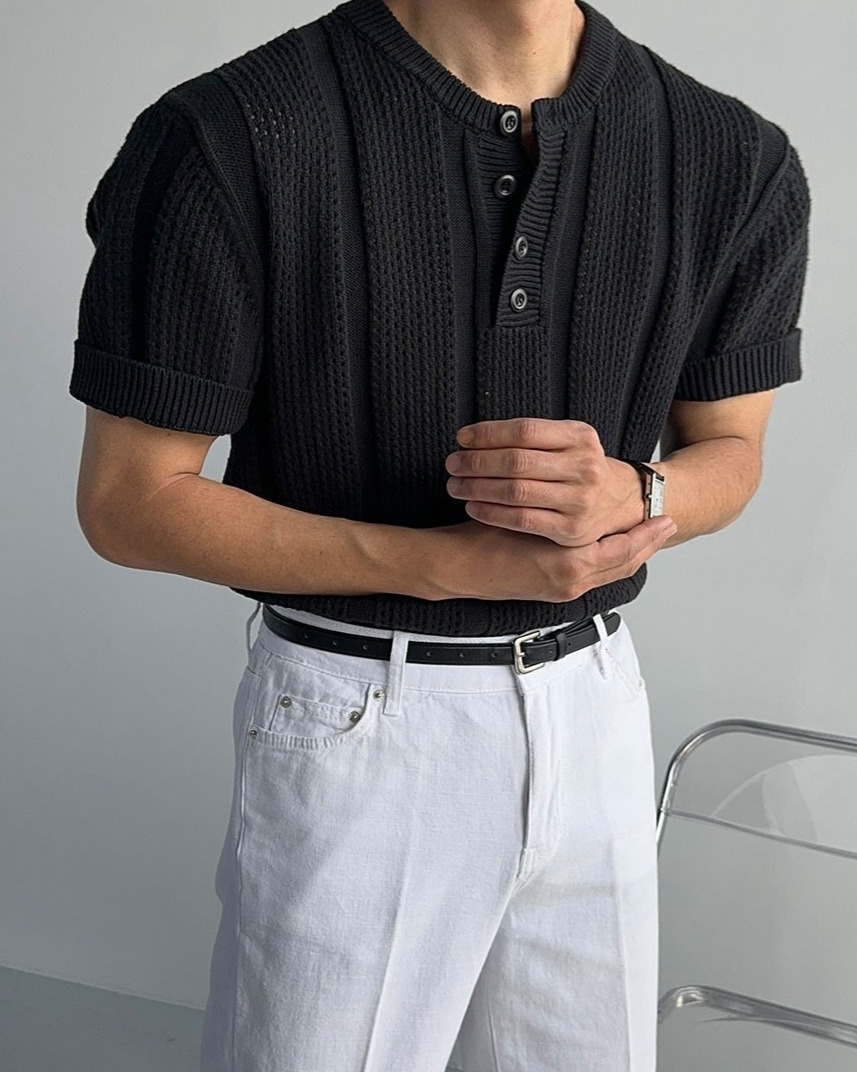 鉤針亨利領短袖針織衫