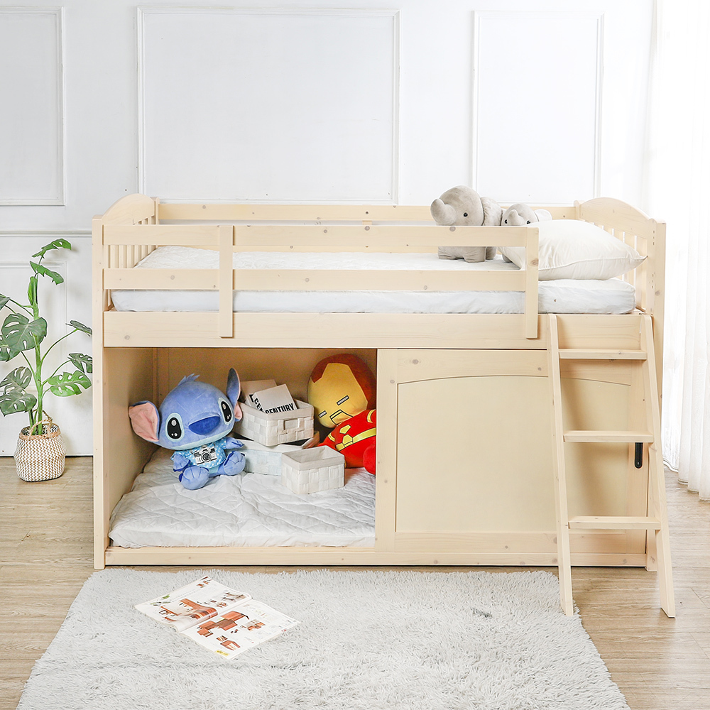 麥安3.5尺單人收納型實木雙層床架/兒童中高層床組/高架床(內附吊衣桿)