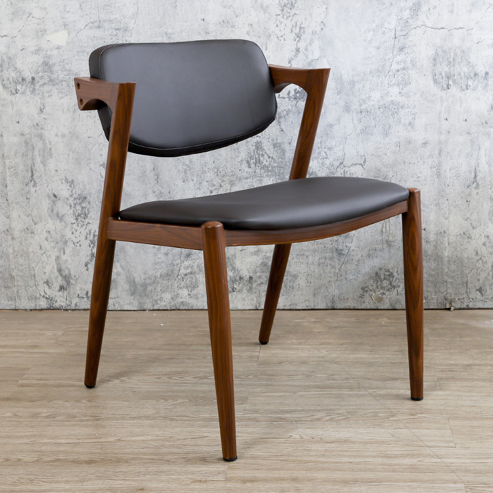 諾拉黑色皮面扶手餐椅/單椅/休閒椅/洽談椅/商業椅-胡桃色